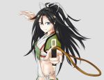  &gt;:) 1girl armor black_hair blue_eyes foreshortening from_side hair_between_eyes hair_ribbon japanese_clothes kantai_collection katsuragi_(kantai_collection) long_hair looking_at_viewer midriff navel out_(out1948) outstretched_arm ponytail ribbon smile upper_body white_ribbon 
