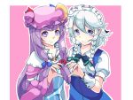  2girls blue_dress blue_eyes bow bowtie braid capelet crescent crescent_hair_ornament double_bun dress hair_ornament hair_ribbon hat heart heart_hands heart_hands_duo highres izayoi_sakuya long_hair looking_at_viewer maid_headdress mob_cap mujib multiple_girls patchouli_knowledge pink_background puffy_short_sleeves puffy_sleeves purple_hair ribbon robe short_hair short_sleeves sidelocks silver_hair simple_background smile striped striped_dress touhou tress_ribbon twin_braids upper_body violet_eyes wrist_cuffs 