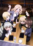  6+girls :d absurdres anchovy blazer braid crossed_arms cup darjeeling dress_shirt fang furrowed_eyebrows girls_und_panzer hand_on_another&#039;s_head highres index_finger_raised jacket katyusha kay_(girls_und_panzer) multiple_girls necktie nishizumi_maho nonna open_blazer open_clothes open_jacket open_mouth plate saucer school_uniform shirt short_hair sitting skirt smile sweatdrop tea teacup tears twintails wooden_table 