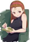  1girl black_shirt book breasts brown_hair commentary_request couch earrings hairband idolmaster jewelry long_hair looking_to_the_side minase_iori nail_polish necklace pink_nails reading red_eyes shirt sitting sleeveless sleeveless_shirt solo turning_page yoshiwa_tomo 