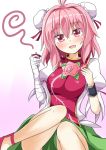  1girl :d aki_chimaki antenna_hair arm_garter bandaged_arm bandages blush breasts bun_cover chinese_clothes choko_(cup) commentary_request cuffs cup double_bun drunk flower green_skirt hair_bun holding holding_cup ibaraki_kasen large_breasts looking_at_viewer open_mouth pink_eyes pink_hair pink_rose puffy_short_sleeves puffy_sleeves rose shackles short_hair short_sleeves skirt smile solo tabard touhou 