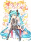  1girl aqua_eyes aqua_hair balloon chin_rest detached_sleeves full_body gift happy_birthday hatsune_miku headset high_boots highres long_hair looking_at_viewer necktie petals sibyl sitting skirt smile solo star striped striped_background thigh-highs twintails very_long_hair vocaloid wings 