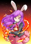  1girl animal_ears blazer cookie_(touhou) fire highres jacket long_hair necktie parted_lips pink_skirt purple_hair rabbit_ears red_eyes reisen_udongein_inaba skirt solo torii5011 touhou 