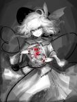  1girl blood bow eyeball flower frills greyscale hat hat_bow hat_ribbon heart heart_of_string komeiji_koishi long_sleeves looking_at_viewer monochrome naozi open_clothes open_shirt partially_colored ribbon rose shirt short_hair simple_background skirt smile solo spot_color third_eye touhou wide_sleeves 