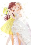  2girls arch_lapin bare_shoulders blush bouquet bridal_veil brown_hair closed_eyes cowlick crying dress earrings flower highres hug jewelry meitantei_conan mouri_ran multiple_girls petals short_hair strapless strapless_dress suzuki_sonoko veil wedding_dress white_dress yellow_dress 