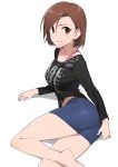  1girl absurdres barefoot breasts brown_eyes brown_hair clothes_writing earrings eyebrows eyebrows_visible_through_hair highres idolmaster idolmaster_cinderella_girls jewelry long_sleeves looking_at_viewer mizuki_seira onao shirt short_hair shorts simple_background smile solo white_background 
