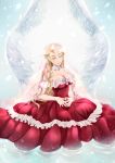  1girl angel_wings blonde_hair breasts choker cleavage closed_eyes collarbone crying dress erina_pendleton jojo_no_kimyou_na_bouken koya-102 large_breasts partially_submerged red_dress smile solo strapless strapless_dress streaming_tears tears veil wings 
