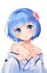  1girl :o bangs blue_eyes blue_hair blush breasts cleavage collarbone face flower hair_flower hair_ornament hand_on_own_chest knightzzz off_shoulder open_mouth re:zero_kara_hajimeru_isekai_seikatsu rem_(re:zero) ribbon short_hair simple_background small_breasts solo upper_body white_background wide_sleeves x_hair_ornament younger 