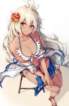  1girl ahoge anklet bikini blush breasts brown_eyes cleavage collarbone dark_skin flower from_above front-tie_top granblue_fantasy hair_between_eyes hair_flower hair_ornament hand_on_legs highres jewelry long_hair looking_at_viewer navel oyu_(sijimisizimi) sandals shiny shiny_skin simple_background sitting smile solo stool swimsuit the_order_grande thigh_gap toes very_long_hair white_bikini white_hair 
