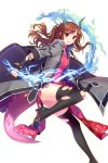  1girl black_legwear brown_hair electricity high_heels highres horns jacket long_hair looking_at_viewer official_art one_leg_raised open_mouth red_eyes shirahane_nao sky_(soccer_spirits) soccer_spirits solo thigh-highs 