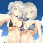  2girls arm_around_back asymmetrical_docking bikini black_bikini blue_bikini_top blue_eyes blush breast_press breasts cleavage clouds collarbone embarrassed eyebrows eyebrows_visible_through_hair front-tie_top grey_hair grin hair_over_one_eye hamakaze_(kantai_collection) head_tilt highres kantai_collection kashima_(kantai_collection) looking_at_viewer medium_breasts multiple_girls navel nose_blush open_mouth outdoors outstretched_arm self_shot sky smile swimsuit throtem twintails 