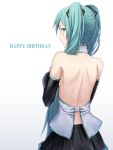  1girl aqua_eyes aqua_hair bare_back bare_shoulders detached_sleeves facial_tattoo from_behind gradient gradient_background happy_birthday hatsune_miku highres long_hair skirt solo sugi_214 tattoo twintails very_long_hair vocaloid 