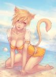  1girl animal_ears beach bikini_top blonde_hair breasts cat_ears cat_tail cleavage final_fantasy final_fantasy_xiv heterochromia jacket kneeling lips miqo&#039;te open_clothes open_jacket short_hair skirt slit_pupils solo soranamae tail 