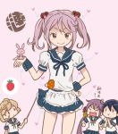  4girls ahoge akebono_(kantai_collection) animal animal_on_hand apron bandaid bandaid_on_face bangs bell black_hair bow bunny_hair_ornament chibi closed_eyes commentary_request flower food fruit hair_bell hair_bobbles hair_flower hair_ornament hand_on_hip hand_up hands_together heart implied_pantyshot kantai_collection light_brown_hair long_hair looking_at_viewer multiple_girls oboro_(kantai_collection) otoufu pink_background pink_eyes pink_hair pleated_skirt pointer purple_hair rabbit sazanami_(kantai_collection) school_uniform serafuku short_hair short_sleeves side_ponytail sidelocks sketch skirt skirt_lift smile strawberry translation_request twintails ushio_(kantai_collection) wrist_cuffs 