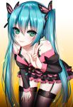  1girl bare_shoulders black_bra black_legwear blue_hair bra garter_straps green_eyes hatsune_miku long_hair looking_at_viewer meaomao off_shoulder smile solo thigh-highs twintails underwear vocaloid w 