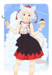  1girl :p animal_ears bare_legs bare_shoulders black_skirt contrapposto eyebrows high-waist_skirt highres inubashiri_momiji jean_(jean_sp) pleated_skirt red_eyes shirt short_hair skirt sleeveless sleeveless_shirt smile spoon tail thick_eyebrows tongue tongue_out touhou white_hair wolf_ears wolf_tail 