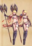  1girl armor ass_visible_through_thighs asymmetrical_clothes bikini_armor blonde_hair blush covering detached_collar highres looking_at_viewer navel parted_lips poleaxe senteiou short_hair spaulders thigh_strap vambraces violet_eyes 