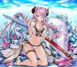  1girl alternate_costume alternate_hairstyle bikini blue_eyes breasts cleavage demon_horns doraf floating_hair full_body granblue_fantasy hair_ornament hair_over_one_eye horns hourainingyou katana large_breasts lavender_hair long_hair looking_at_viewer low_twintails midriff narumeia_(granblue_fantasy) pointy_ears sandals sheath sitting smile solo swimsuit sword thigh_strap twintails weapon 