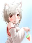  1girl :3 animal_ears bare_shoulders blush detached_sleeves fang gradient gradient_background inubashiri_momiji kyabe_tsuka looking_at_viewer pom_pom_(clothes) red_eyes short_hair silver_hair solo summer touhou wolf_ears 