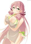  1girl akashi_(kantai_collection) apron bikini blush breasts cleavage commentary_request green_eyes hair_ribbon kankitsunabe_(citrus) kantai_collection large_breasts long_hair looking_at_viewer naked_apron pink_hair ribbon smile solo swimsuit tress_ribbon twintails 
