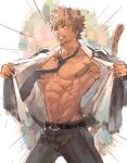  1boy abs animal_ears belt blonde_hair blue_eyes clenched_teeth emphasis_lines male_focus muscle navel nikism nipples open_clothes open_shirt rom_(show_by_rock!!) shirt show_by_rock!! solo spiky_hair sweat tail tan teeth 
