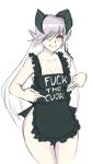  1girl apron artist_request black_apron blush breasts clothes_writing cowboy_shot demon_horns english hair_over_one_eye horns lilim_(monster_girl_encyclopedia) long_hair looking_at_viewer medium_breasts monster_girl_encyclopedia naked_apron pointing pointy_ears profanity red_eyes silver_hair simple_background sketch smile solo source_request white_background 