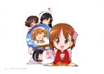  5girls absurdres akiyama_yukari anglerfish animal_costume chibi food fruit futon girls_und_panzer highres horns isuzu_hana japanese_clothes kimono multiple_girls nishizumi_miho official_art orange pillow reizei_mako sheep_costume short_hair simple_background sleeping takebe_saori white_background 