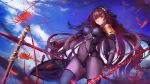  1girl asanogawa_(tutufcc) bodysuit breasts covered_navel fate/grand_order fate_(series) flower gae_bolg highres long_hair looking_at_viewer md5_mismatch polearm purple_hair red_eyes scathach_(fate/grand_order) solo spear spider_lily veil weapon 