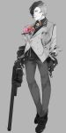  black_skin caligula_(game) chain cuffs floral_print flower full_body gun hair_over_one_eye handgun haruno14 highres huge_weapon medal monochrome revolver satake_shogo school_uniform spot_color torn_clothes unbuttoned weapon 