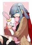  1girl blue_eyes blue_hair coat dangan_ronpa dangan_ronpa_3 gekkougahara_miaya headphones himduldago hug looking_at_viewer monomi_(dangan_ronpa) outside_border pink_background rabbit ringed_eyes scarf scarf_over_mouth simple_background sitting 