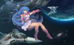  aircraft airplane blue_hair boots choujikuu_yousai_macross dress fighter_jet floating galaxy gloves hayase_misa highres jet long_hair lynn_minmay macross macross:_do_you_remember_love? mecha microphone military military_vehicle planet sdf-1 songstress space space_craft variable_fighter vf-1 