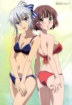  2girls absurdres bikini blue_eyes bluesy_fluesy bow breasts brown_hair cleavage green_eyes hair_bow hasegawa_shin&#039;ya highres ichinose_touko looking_back megami multiple_girls official_art short_hair silver_hair swimsuit taboo_tattoo 