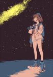  1girl binoculars brown_hair kantai_collection night night_sky sky solo standing standing_on_liquid star_(sky) water yellow_eyes yukataro yukikaze_(kantai_collection) 