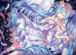  1girl aqua_hair closed_eyes dress gejigejier halo hatsune_miku head_wreath long_hair solo twintails very_long_hair vocaloid wings 