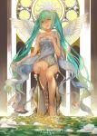  1girl 2016 dated green_eyes green_hair hand_on_own_chest happy_birthday hatsune_miku long_hair rino_(1992085710) sitting soaking_feet solo twintails very_long_hair vocaloid wings 