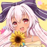  1girl :d blush bow character_request dark_skin eyebrows eyebrows_visible_through_hair floral_background flower hair_between_eyes hair_bow holding holding_flower long_hair open_mouth pink_hair red_eyes shironeko_project smile solo sunameri_(pixiv3564245) sunflower teeth upper_body 