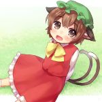  :d animal_ears arms_behind_back brown_eyes brown_hair cat_ears cat_tail chen dress frilled_dress frills grass hat highres looking_at_viewer mob_cap multiple_tails nekomata open_mouth outdoors ribbon sad_fuka short_hair sitting smile tail touhou two_tails 