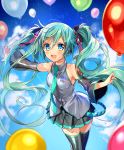 1girl :d aqua_hair balloon black_legwear blue_eyes bow commentary_request detached_sleeves hair_bow hair_ribbon hatsune_miku headset holding long_hair looking_at_viewer md5_mismatch murakami_yuichi necktie open_mouth pleated_skirt ribbon skirt smile solo thigh-highs twintails vocaloid zettai_ryouiki 