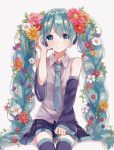  1girl aqua_eyes aqua_hair braid collared_shirt detached_sleeves flower grey_background hair_flower hair_ornament hair_vines hand_on_headphones hatsune_miku headphones headset highres long_hair looking_at_viewer necktie sentaro207 shirt simple_background sitting skirt sleeveless sleeveless_shirt smile solo thigh-highs twin_braids very_long_hair vocaloid 