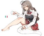  1girl asakawa_(outeq) blush bow bowtie breasts brown_eyes commentary corset cup drinking_glass drunk feet frills full_body grey_hair hair_between_eyes hat italian_flag italy kantai_collection large_breasts long_hair long_sleeves mini_hat open_mouth pola_(kantai_collection) removing_sock shirt simple_background single_thighhigh sitting skirt solo thigh-highs wavy_hair white_background white_legwear white_shirt wine_glass 
