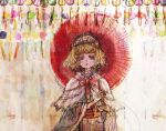  1girl alice_margatroid alternate_costume blonde_hair blue_eyes capelet commentary dress frills hairband half-closed_eyes lolita_hairband long_sleeves looking_at_viewer nazo_(mystery) oriental_umbrella parasol ribbon short_hair solo touhou umbrella wind_chime 
