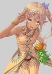  1girl :d blonde_hair dark_skin elf ese_shinshi fishnet_pantyhose fishnets food fruit long_hair looking_at_viewer open_mouth original pantyhose pineapple pointy_ears side_ponytail simple_background smile solo yellow_eyes 