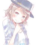  1girl blue_eyes blush bow fedora grey_hair hand_on_own_chin hat hat_bow head_tilt jacket looking_at_viewer love_live! love_live!_sunshine!! pale_color shijimi_kozou short_hair simple_background sketch smile solo upper_body watanabe_you white_background 