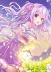  1girl bare_shoulders butterfly dress eyebrows eyebrows_visible_through_hair hair_ribbon highres holding_lantern kneeling long_hair looking_at_viewer moyon one_side_up open_mouth original outdoors pink_ribbon ribbon silver_hair solo strapless strapless_dress violet_eyes 