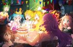  &gt;_&lt; 2boys 6+girls ahoge aqua_hair artist_name bai_yemeng birthday_cake blonde_hair blowing blue_eyes bow bowtie brown_hair cake candle clenched_hands closed_eyes crown fire food glasses_on_head gumi hair_bow happy_birthday hatsune_miku ia_(vocaloid) indoors kagamine_len kagamine_rin kaito long_hair megurine_luka meiko multiple_boys multiple_girls o_o pink_shirt red_eyes shirt square_mouth stairs striped_tank_top sweatdrop table twintails vocaloid white_bow white_bowtie you&#039;re_doing_it_wrong 