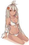 1girl ahoge arm_support armpits bare_shoulders bikini breasts cleavage closed_mouth collarbone commentary_request dark_skin feather_trim flower front-tie_top full_body granblue_fantasy groin hair_between_eyes hair_flower hair_ornament kanpyo_(hghgkenfany) long_hair looking_at_viewer medium_breasts navel off_shoulder open_clothes open_shirt red_eyes shirt side-tie_bikini silver_hair sitting smile solo stomach swimsuit the_order_grande very_long_hair white_background white_bikini yokozuwari 