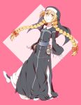  1girl angelene blonde_hair braid freckles gloves habit hair_ribbon long_hair nun pouch ribbon robe saiba_(henrietta) side_slit simple_background smile solo to_aru_majutsu_no_index twin_braids twintails yellow_eyes 