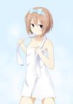  1girl bare_shoulders blanc blancpig_yryr blue_eyes blush brown_hair hair_ribbon highres looking_at_viewer naked_towel neptune_(series) ribbon short_hair sketch solo towel 