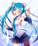  1girl ;d aqua_eyes aqua_hair armpits bare_shoulders black_legwear blush character_name detached_sleeves hair_between_eyes hatsune_miku headset highres long_hair looking_at_viewer necktie nou one_eye_closed open_mouth skirt sleeveless smile solo thigh-highs twintails very_long_hair vocaloid 