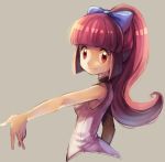  1girl aria_(pokemon) armpits bangs blue_bow blunt_bangs bow cropped_torso elle_(pokemon) from_side grey_background hair_bow long_hair looking_at_viewer outstretched_arm pink_hair pokemon pokemon_(anime) ponytail red_eyes sidelocks simple_background sketch smile solo upper_body v 